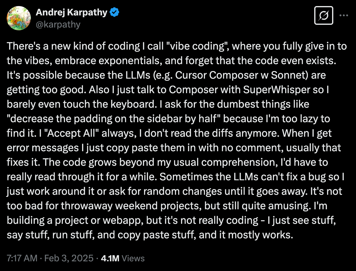 Tweet from Andrej Karpathy about vibe coding