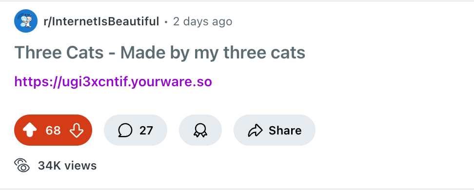 Reddit statistics showing viral success of a YouWare project